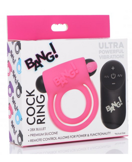 Remote Control 28X Vibrating Cock Ring and Bullet - Pink.  Brand: Bang!